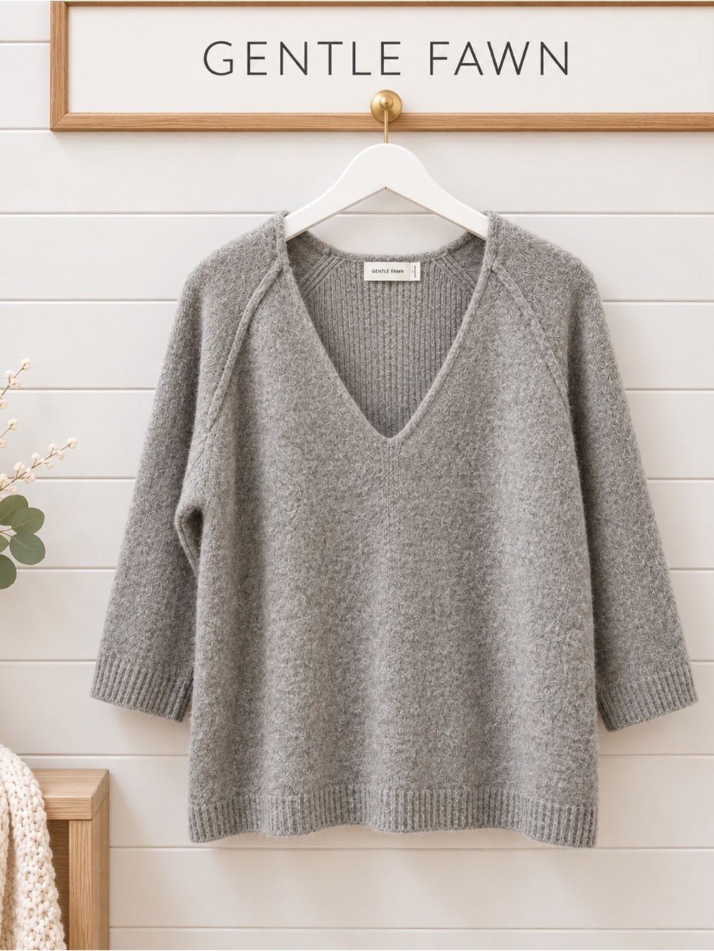 GENTLE FAWN Grey V-Neck Knit Sweater – Soft Minimalist Style – Size S
